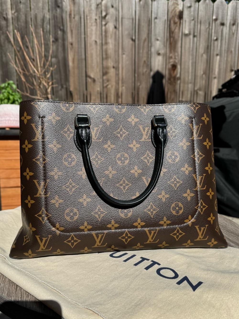 Louis Vuitton Brown Monogram Canvas Tote with Black Leather Trim and Gold Lock - Picture 2 of 5